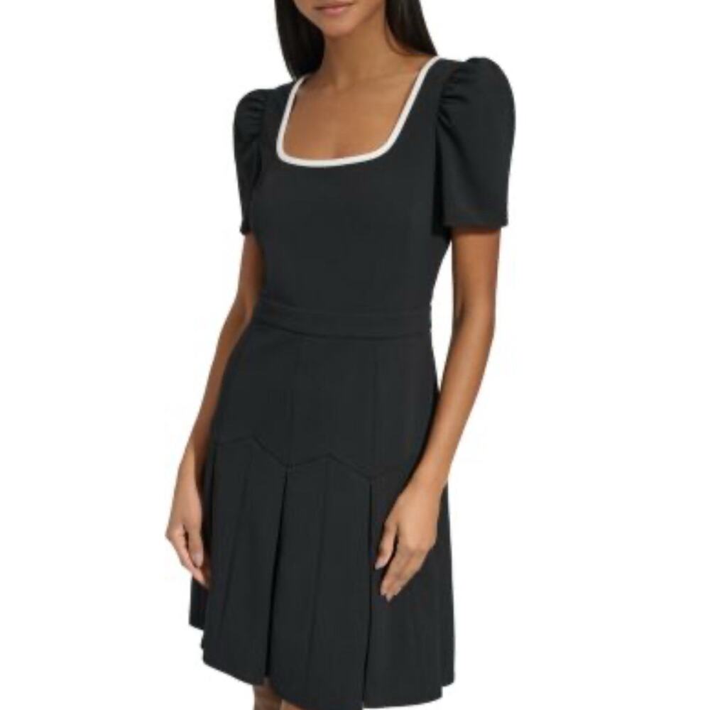 Karl Lagerfeld Paris Dress Sheath Black White Collar Puff Sleeve Size 8 Pleated